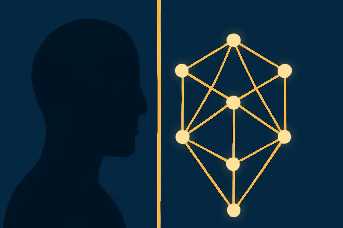 Ilustração editorial: silhueta humana de perfil ao lado de uma rede de nós conectados, separadas por um eixo vertical dourado.