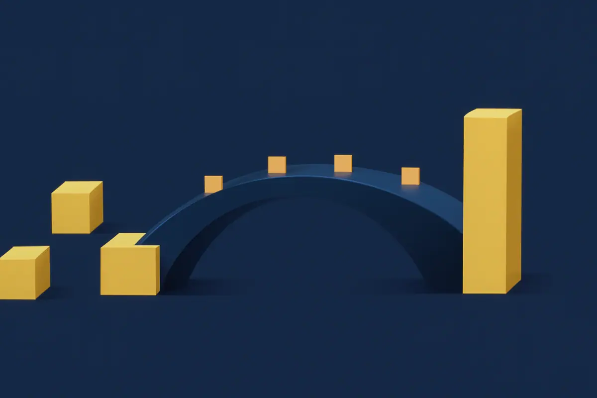 Ilustração editorial: uma ponte geométrica ligando um conjunto de blocos dispersos a dois blocos unificados, com marcos de etapa ao longo do percurso.